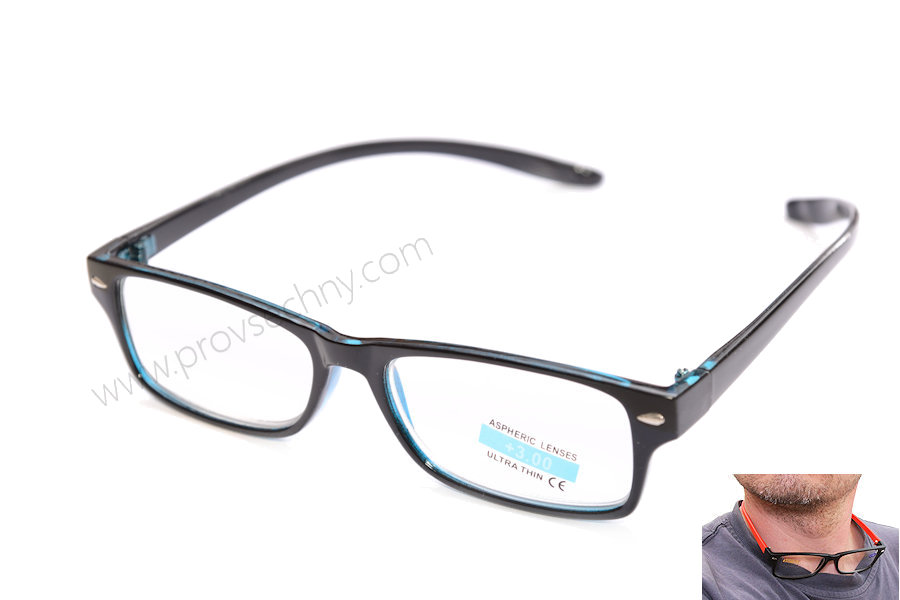 Brýle na čtení plus 4 samodržící na krku modré
